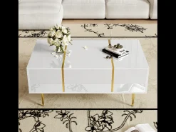 Mesa de centro rectangular 100x60x41,5cm con 2 cajones, cuerpo en laca blanca con detalles dorados