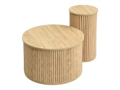 Mesa de centro redonda - Juego de 2 - Rayas verticales - Color madera - Para salón y dormitorio