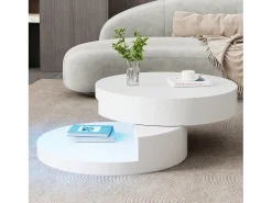 Mesa de centro redonda - Mesa de centro con iluminación LED y bandeja giratoria - MDF blanco - para salón