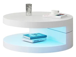 Mesa de centro redonda - Mesa de centro con iluminación LED y bandeja giratoria - MDF blanco - para salón