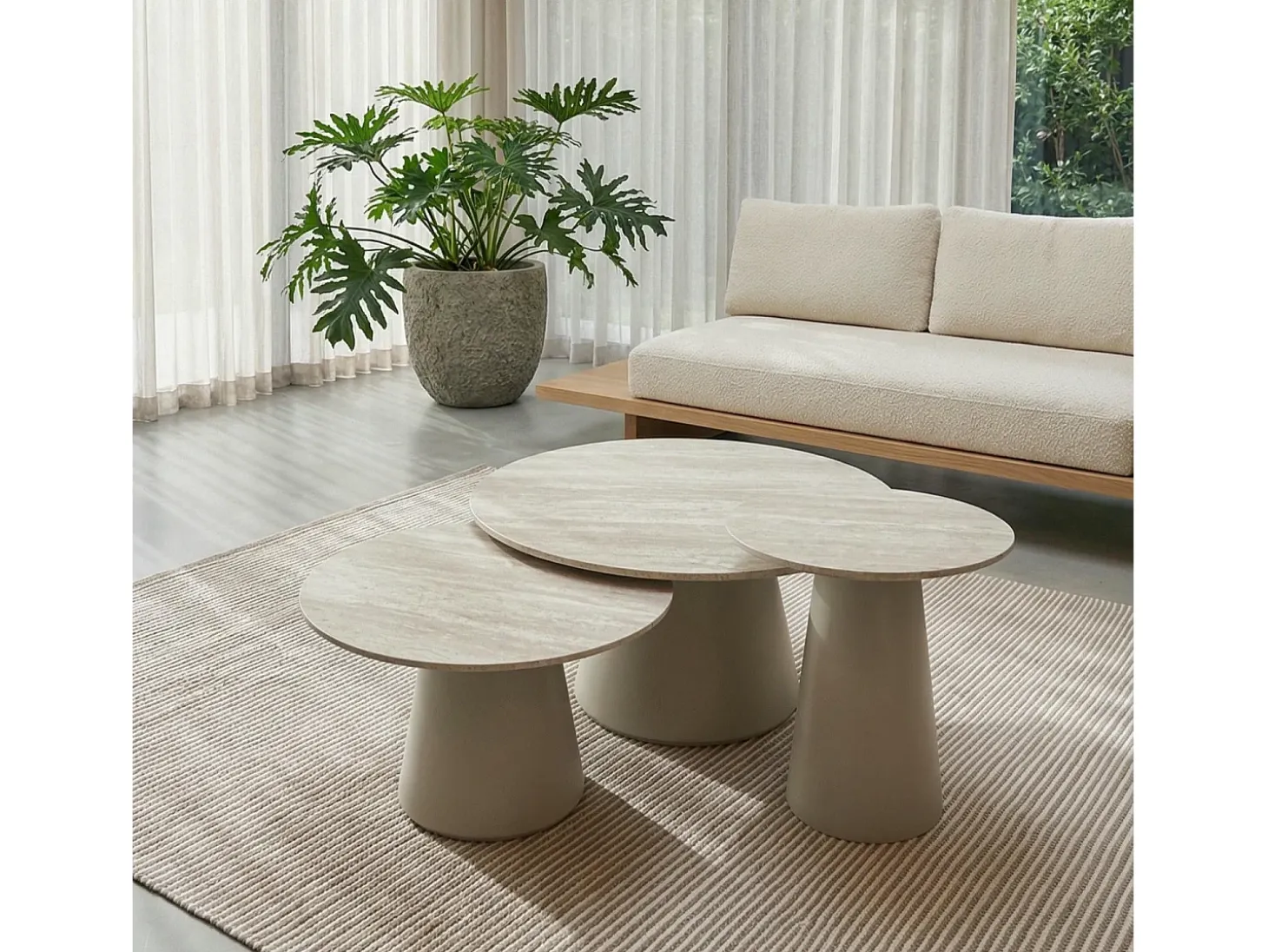 Mesa de centro redonda Tango - MDF y travertino - Beige