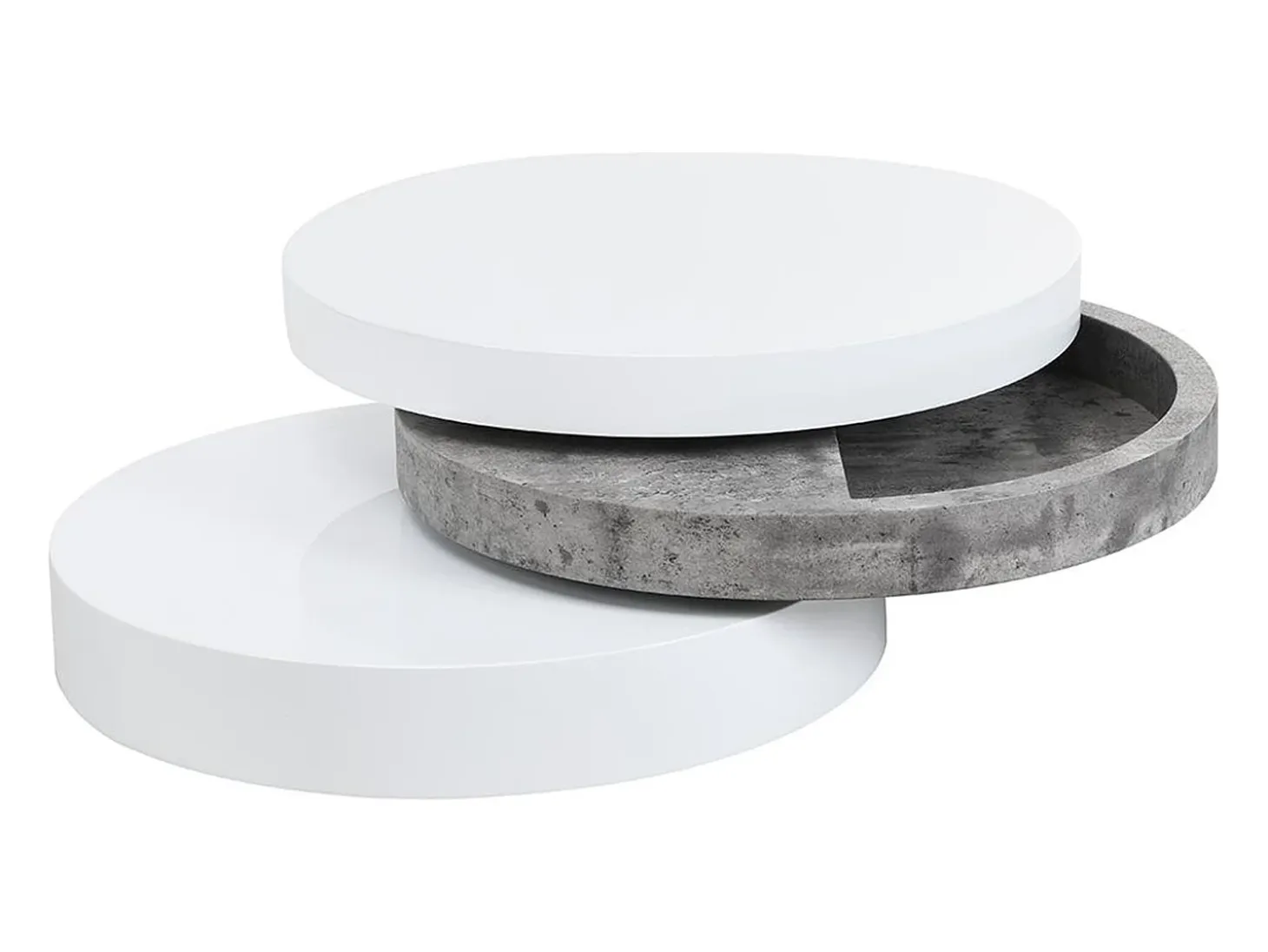 Mesa de centro redonda y pivotante - 3 tableros - MDF - Color: blanco y cemento. JANITA