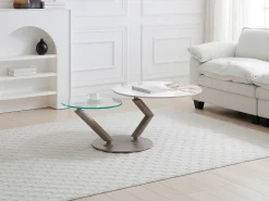 Mesa de centro tableros pivotantes de cerámica y vidrio templado - Efecto mármol blanco - ELDOVA