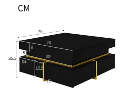 Mesa de centro 70x70cmx35,5, mesa cuadrada alto brillo con cajones y detalles dorados, color negro
