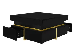 Mesa de centro 70x70cmx35,5, mesa cuadrada alto brillo con cajones y detalles dorados, color negro