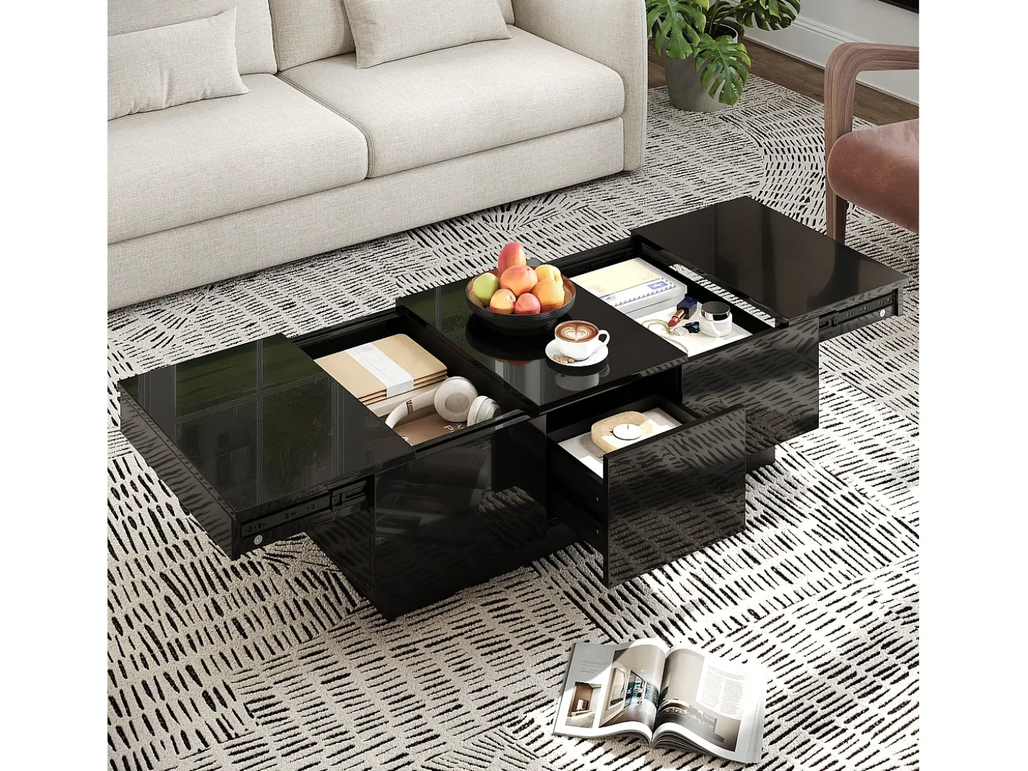Mesa de centro 100x31x50 cm - con 2 cajones - Acabado brillante - Paneles de partículas - Negro