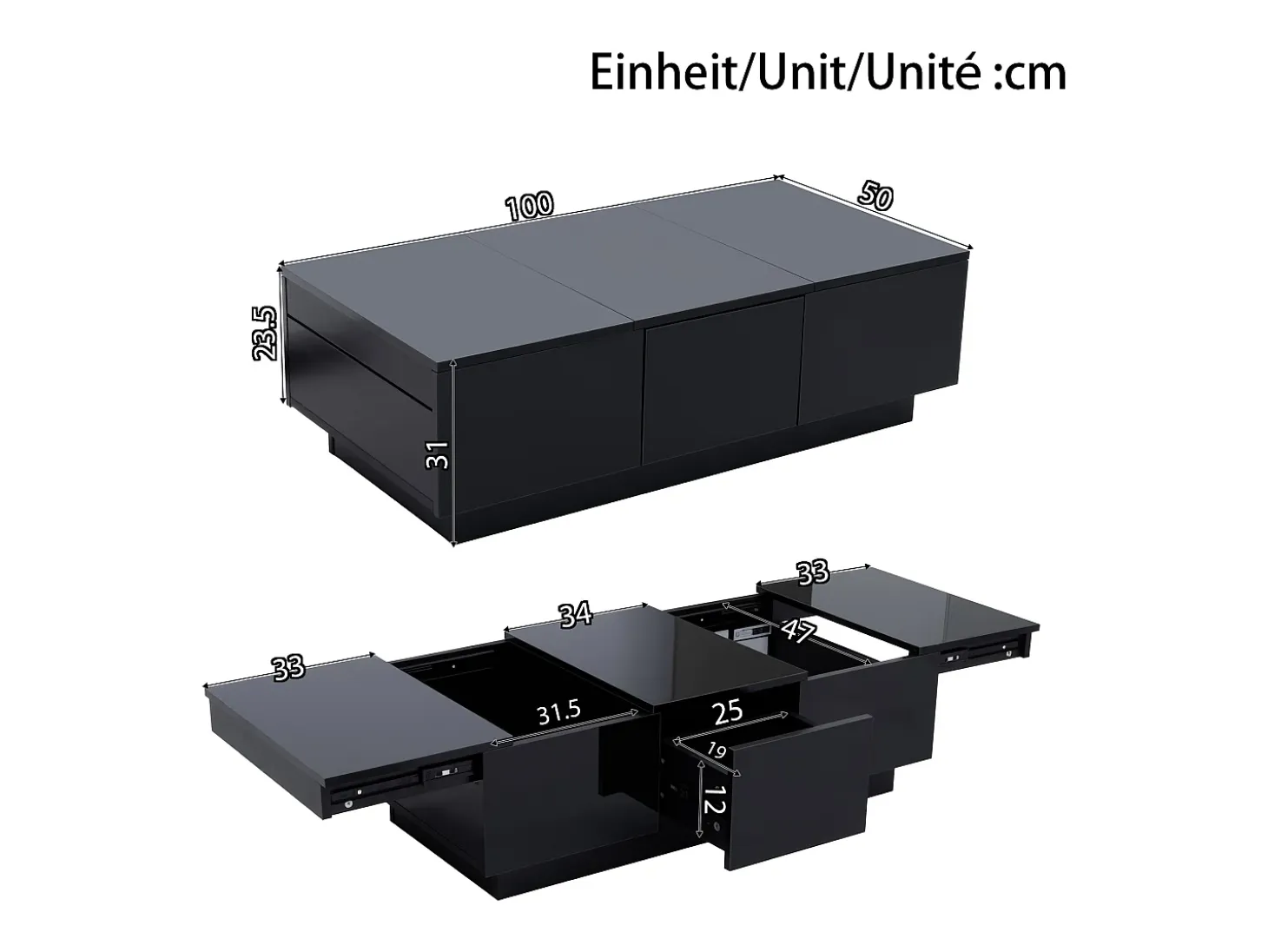 Mesa de centro 100x31x50 cm - con 2 cajones - Acabado brillante - Paneles de partículas - Negro
