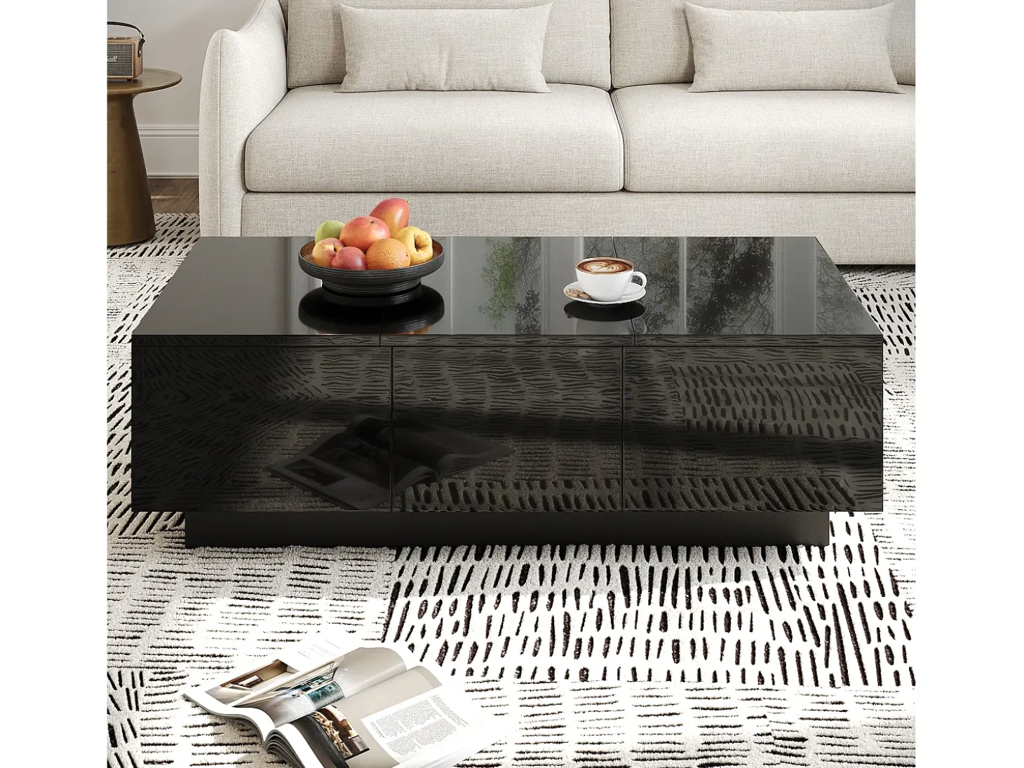 Mesa de centro 100x31x50 cm - con 2 cajones - Acabado brillante - Paneles de partículas - Negro
