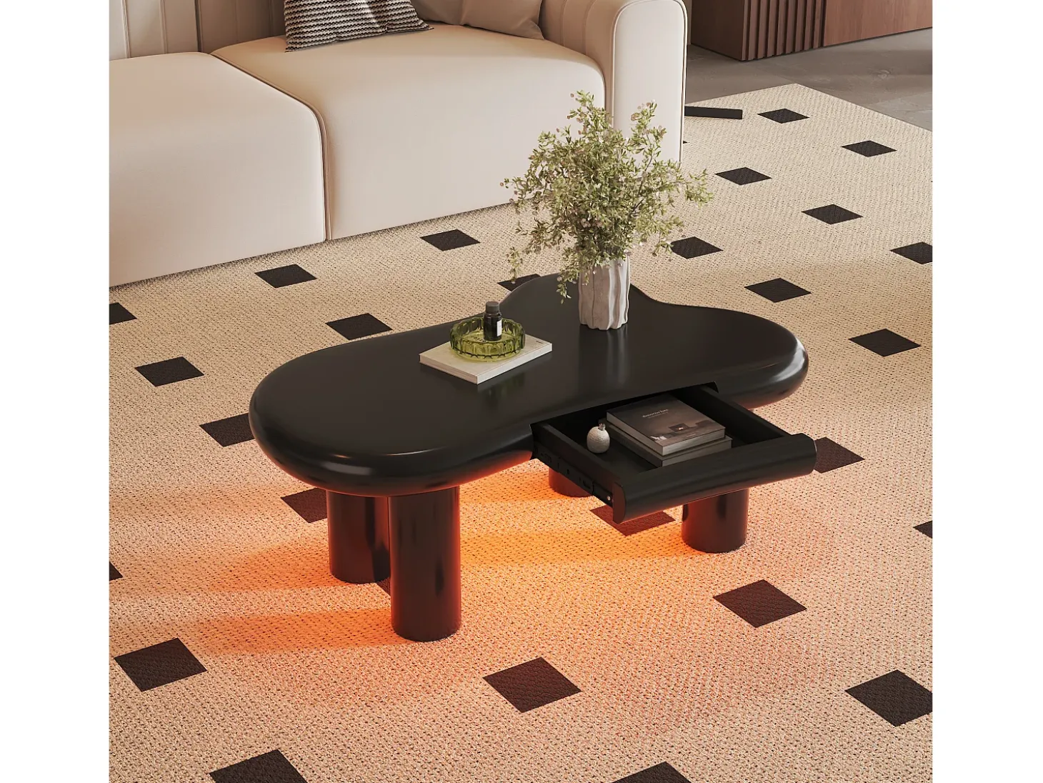 Mesa de centro 98x65.5x40 cm - forma de nube - 1 cajón - con iluminación LED - negro