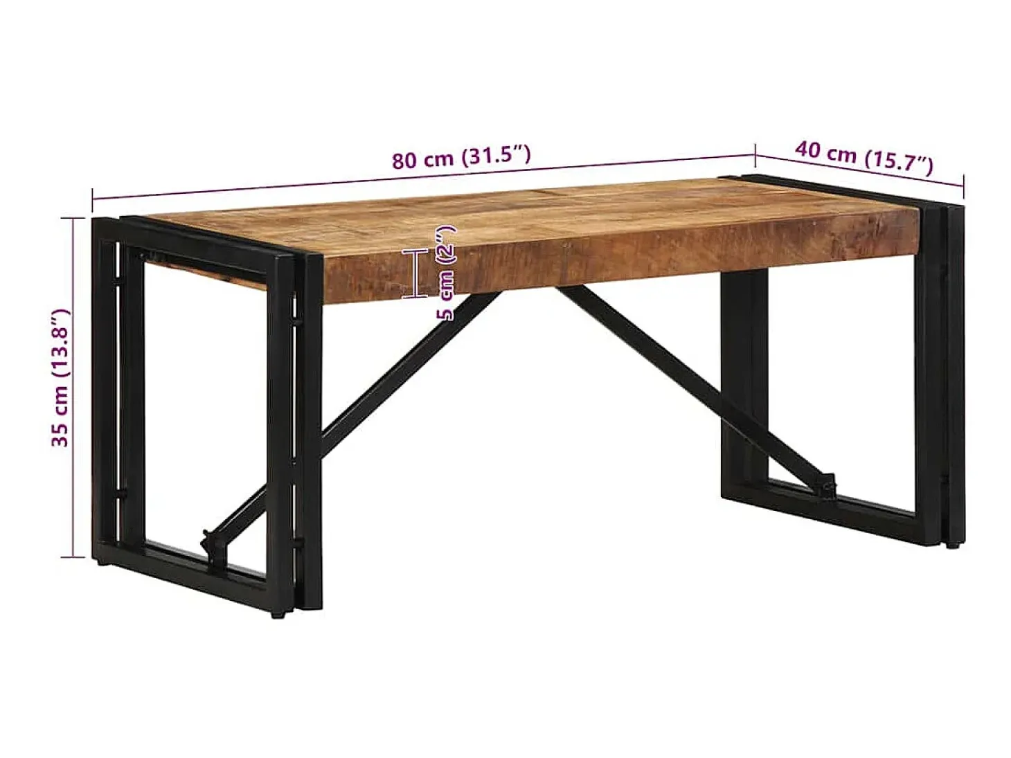 Mesa de centro 80x40x35 cm madera maciza de mango rugosa