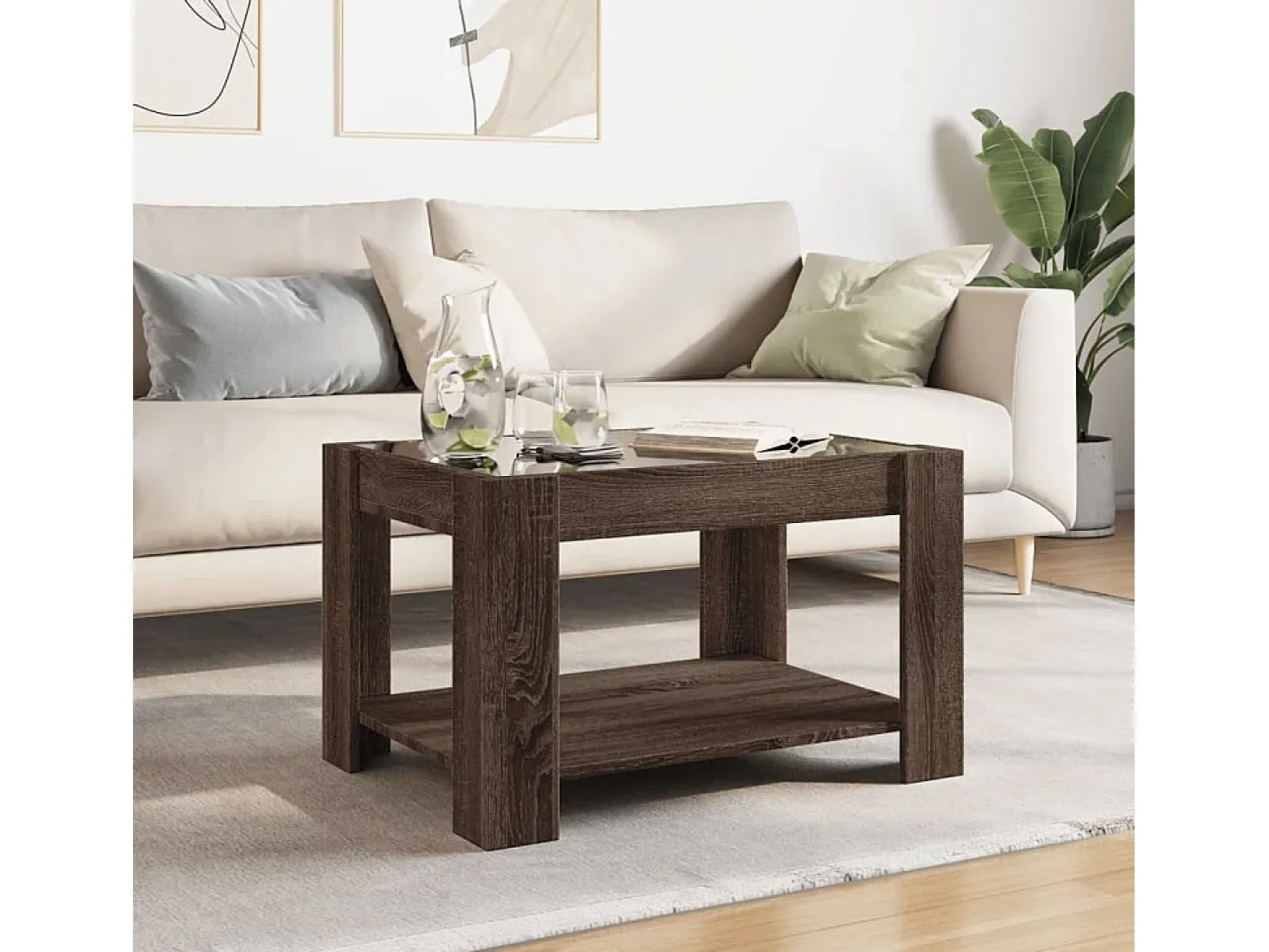 Mesa de centro y LED madera ingeniería marrón roble 73x53x45 cm