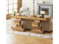 Mesa de comedor de granja de 108 cm, mesa de salón estrecha de madera detrás del sofá con base geométrica