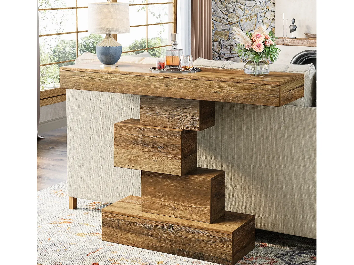 Mesa de comedor de granja de 108 cm, mesa de salón estrecha de madera detrás del sofá con base geométrica