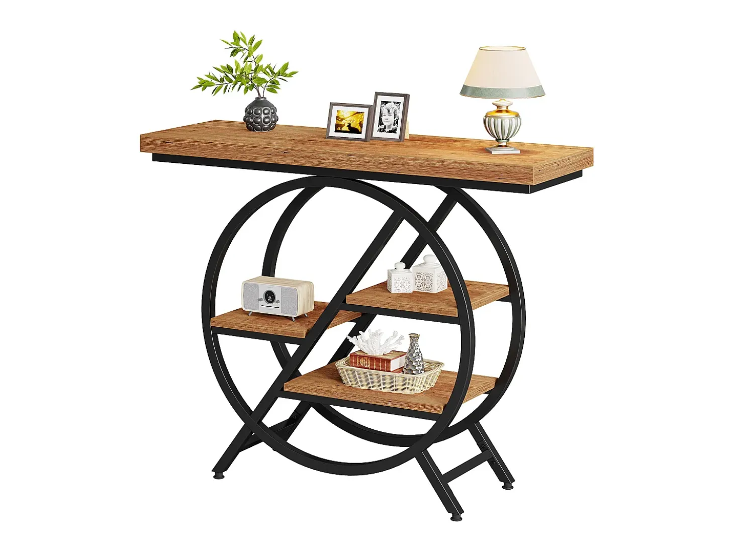 Mesa de consola de 100 cm con tablero grueso, mesa de sofá de pasillo industrial estrecha de 4 niveles con marco geométrico de metal, marrón claro