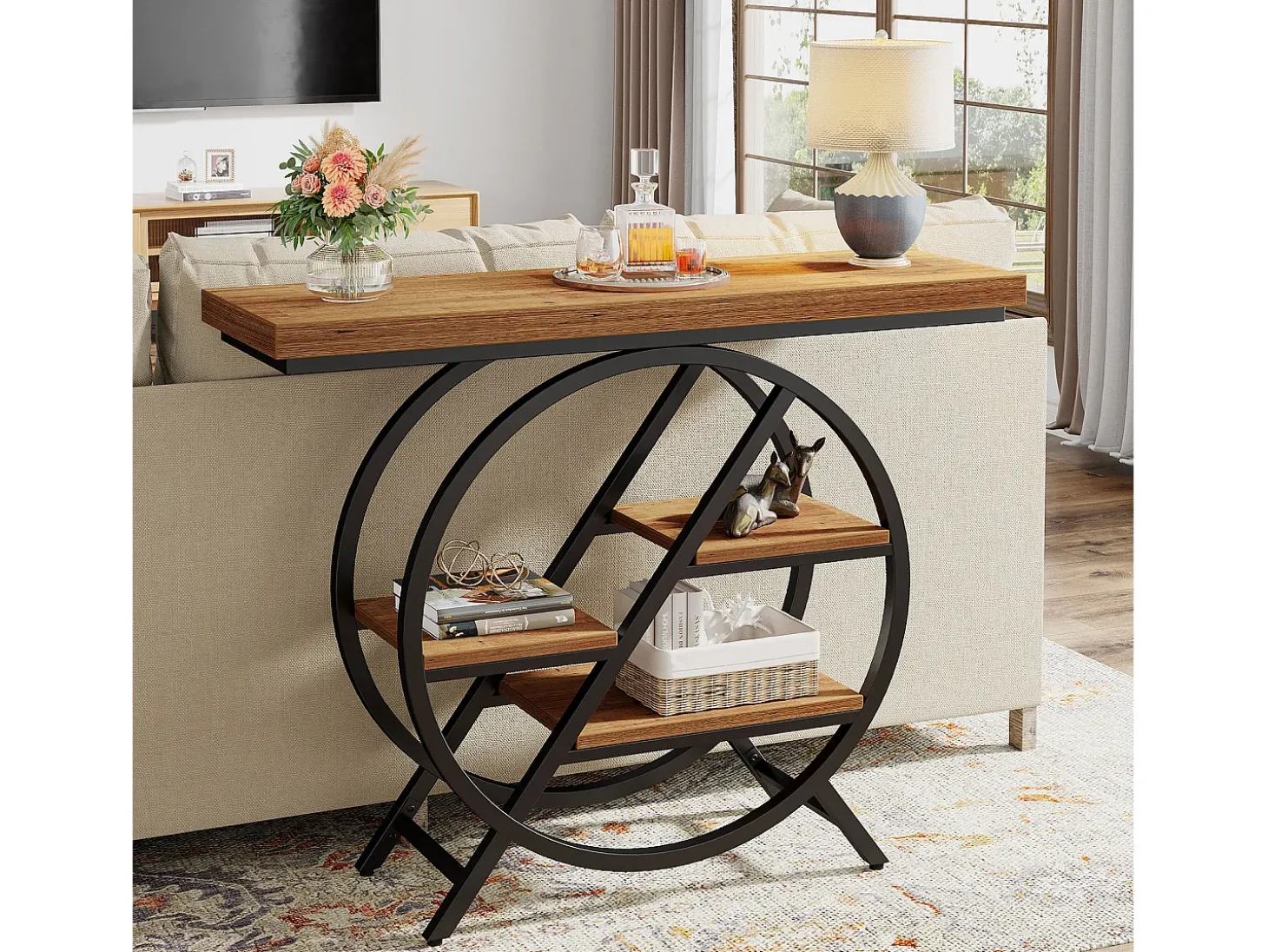 Mesa de consola de 100 cm con tablero grueso, mesa de sofá de pasillo industrial estrecha de 4 niveles con marco geométrico de metal, marrón claro