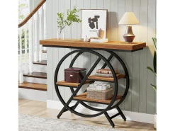 Mesa de consola de 100 cm con tablero grueso, mesa de sofá de pasillo industrial estrecha de 4 niveles con marco geométrico de metal, marrón claro