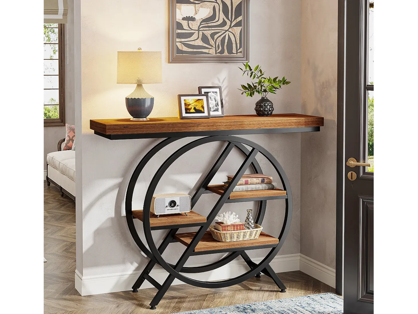Mesa de consola de 100 cm con tablero grueso, mesa de sofá de pasillo industrial estrecha de 4 niveles con marco geométrico de metal, marrón claro