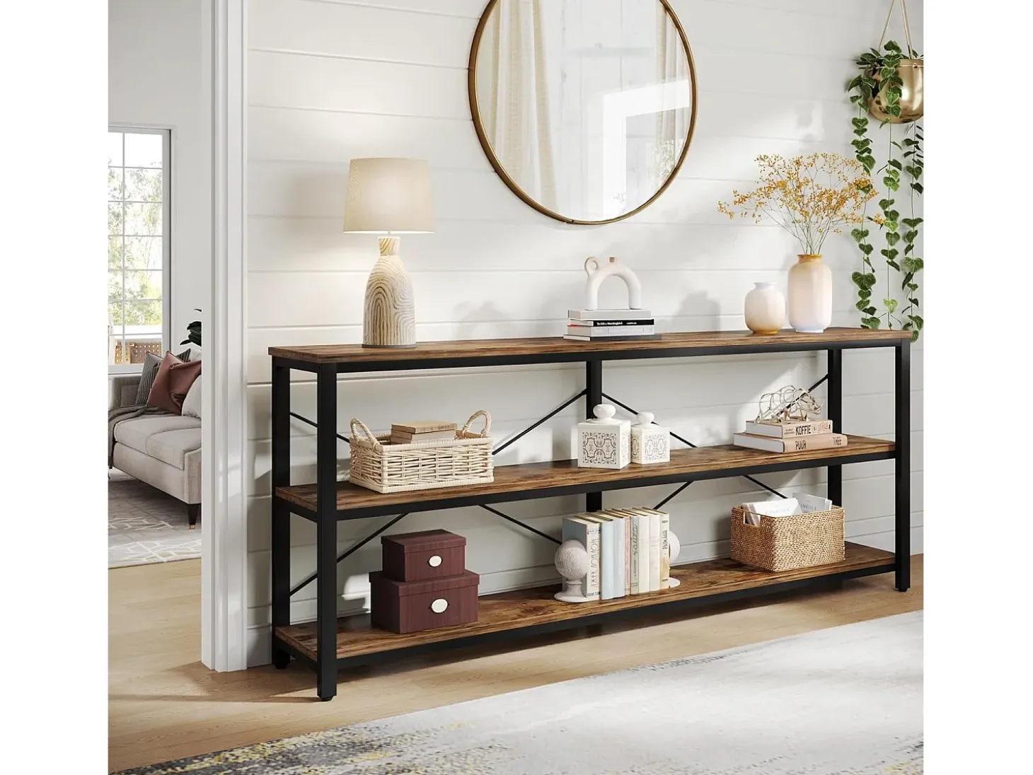 Mesa de consola de 180 cm, Mesa de sofá de 3 niveles de estilo industrial con marco de metal
