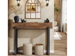 Mesa de consola de madera de 105 cm con espacio de almacenamiento, pequeña mesa de entrada industrial con patas de metal en malla