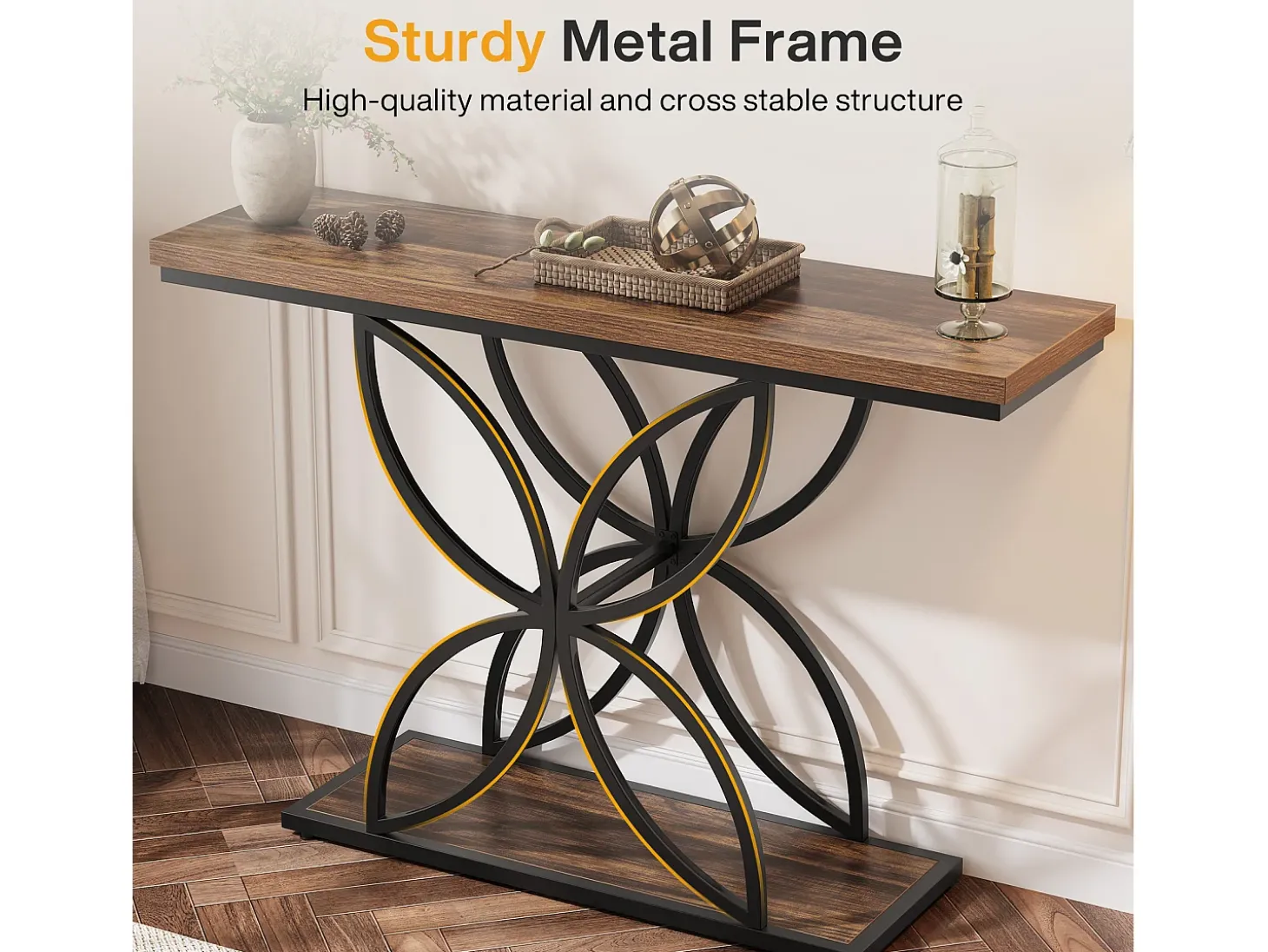Mesa de consola industrial para entrada, mesa baja con patas en forma de mariposa de metal único