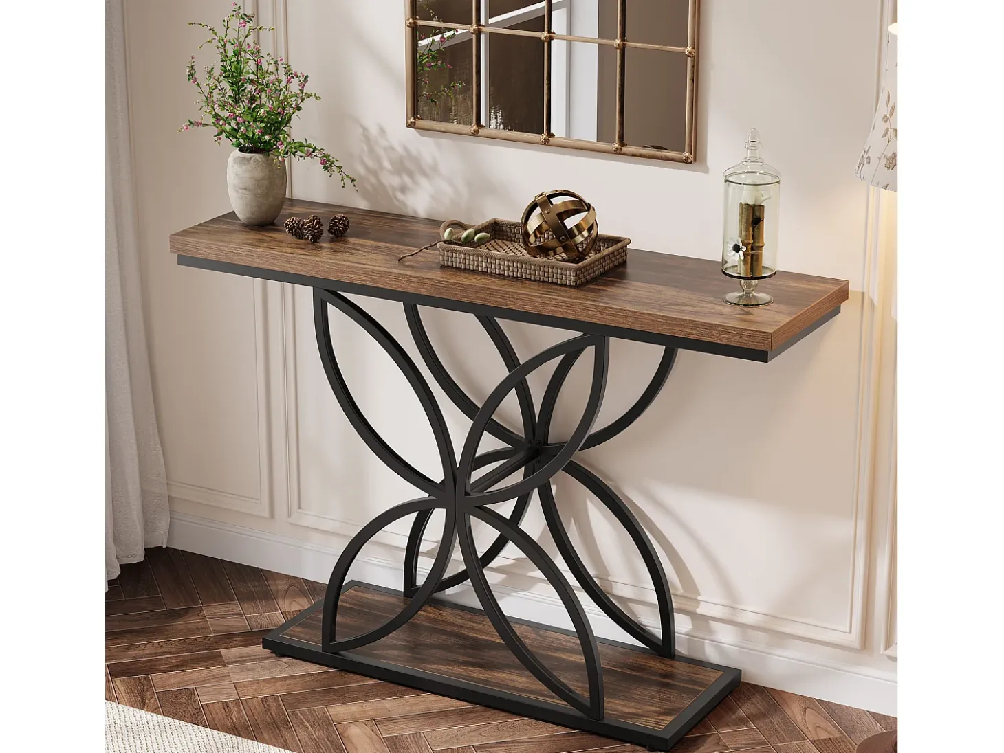 Mesa de consola industrial para entrada, mesa baja con patas en forma de mariposa de metal único