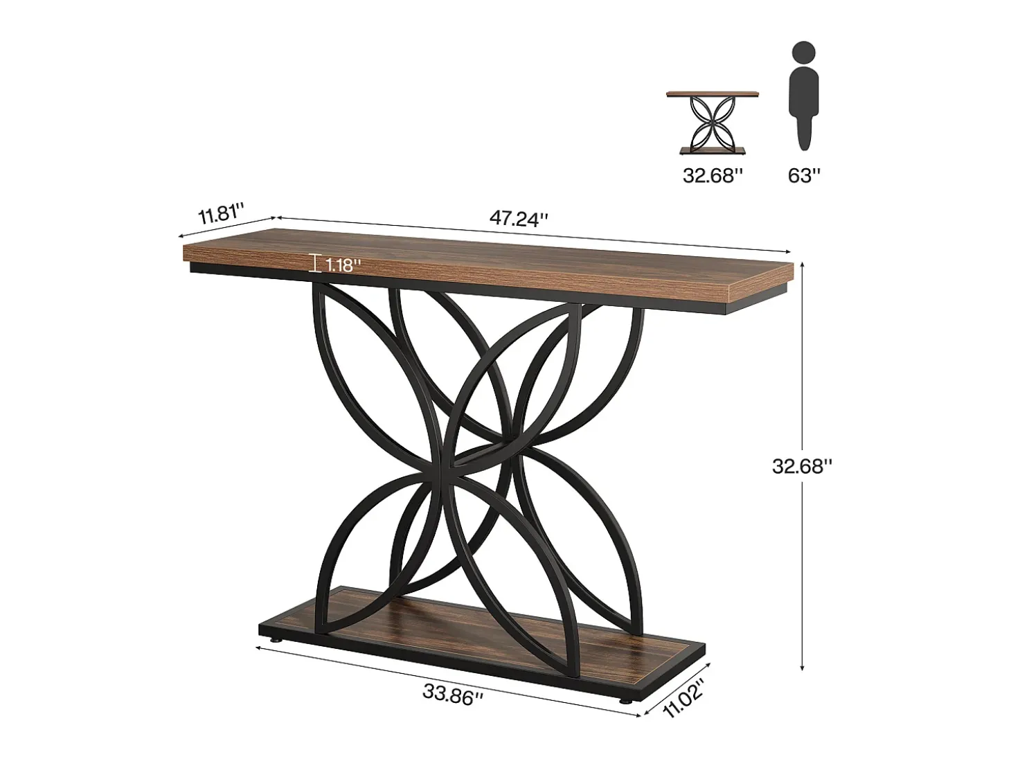 Mesa de consola industrial para entrada, mesa baja con patas en forma de mariposa de metal único