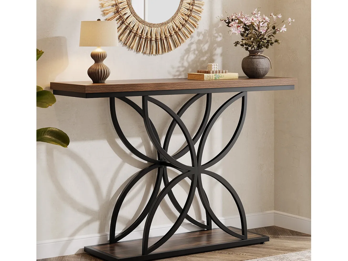 Mesa de consola industrial para entrada, mesa baja con patas en forma de mariposa de metal único
