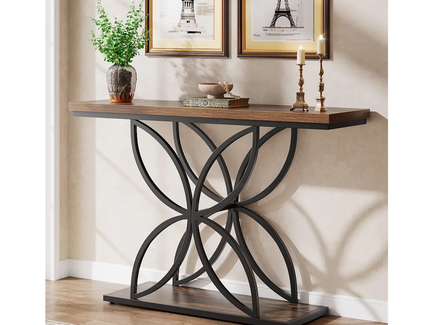Mesa de consola industrial para entrada, mesa baja con patas en forma de mariposa de metal único