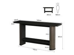 Mesa de consola moderna de 140 cm, mesa estrecha de pasillo negra, mesa de sofá con 2 estantes