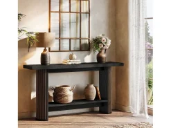 Mesa de consola moderna de 140 cm, mesa estrecha de pasillo negra, mesa de sofá con 2 estantes