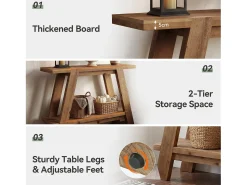 Mesa de entrada de madera maciza de 110 cm, mesa consola rústica de 2 niveles con almacenamiento