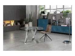 Mesa fija Rondò en cristal templado y patas cromadas grises