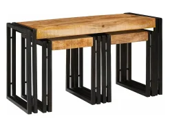 Mesa Nido 3 piezas Madera de mango maciza rugosa y un metal