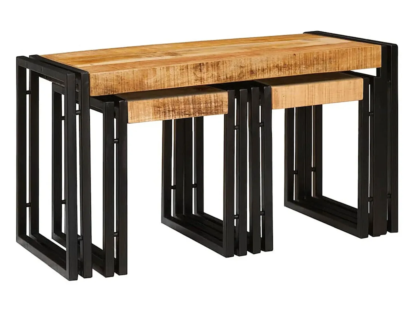 Mesa Nido 3 piezas Madera de mango maciza rugosa y un metal
