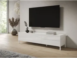 Meuble de TV 1 puerta abatible y 2 cajones 160x42x40 cm Solaria blanco brillante