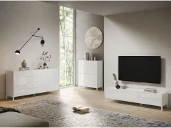 Meuble de TV 1 puerta abatible y 2 cajones 160x42x40 cm Solaria blanco brillante