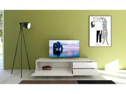 Meuble de TV 1 puerta abatible y 2 cajones 160x42x40 cm Solaria blanco brillante