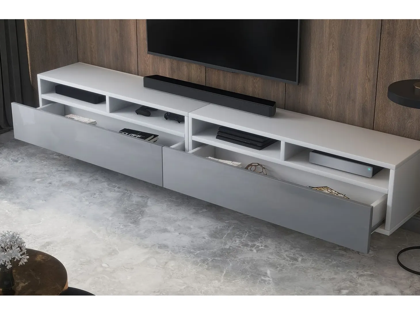 Mobile TV - bianco opaco / grigio lucido - 200 cm - REDNAW