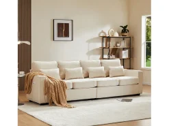Moderno sofá de 4 plazas de lino beige con bolsillos laterales y 4 cojines: ideal para salón, oficina o apartamento