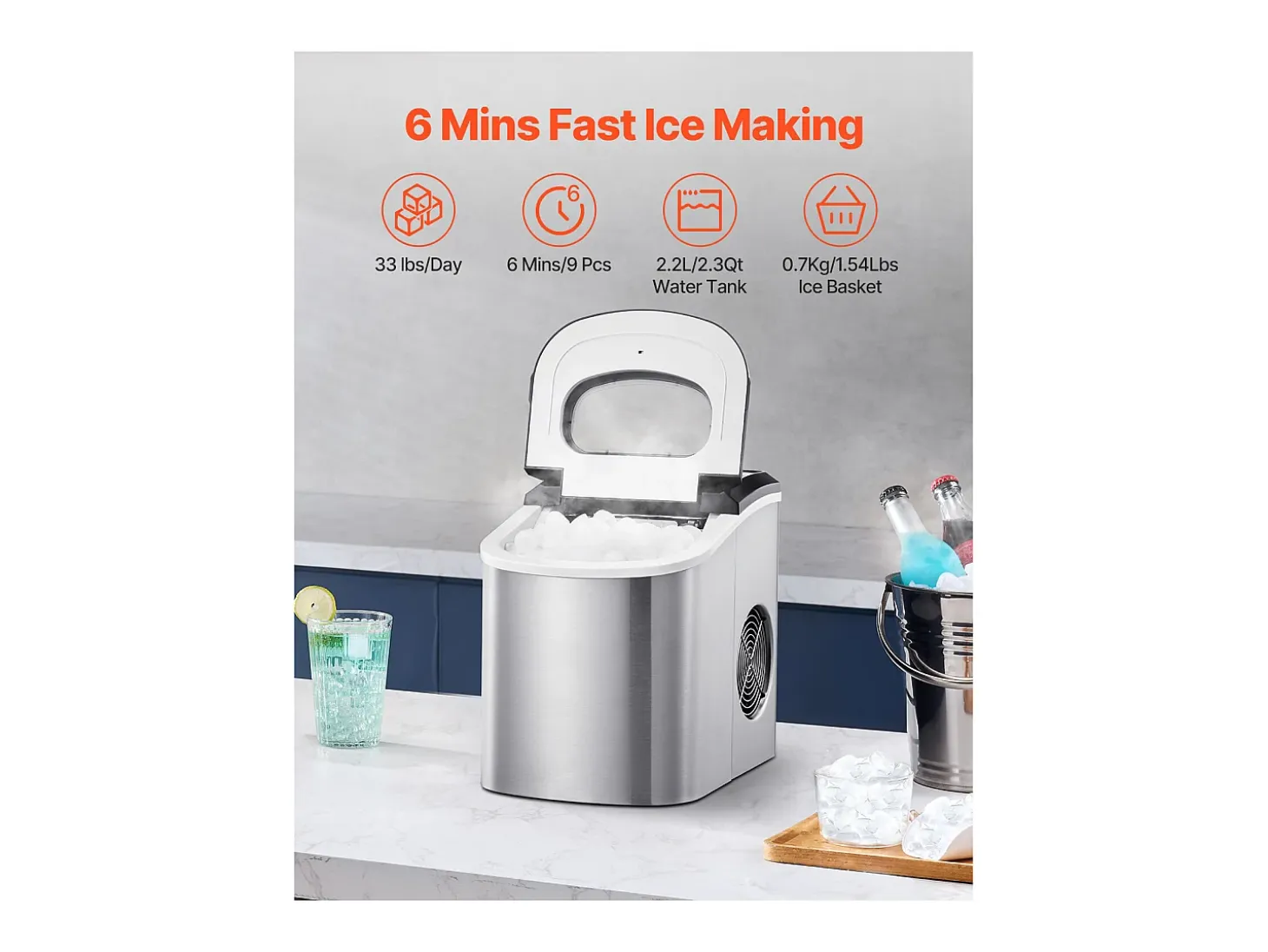 Máquina de Hielo de Sobremesa SucceBuy, 15 kg/24 h, 9 Cubitos en 6 min, Autolimpiante, Pala/Cesta, Bar/Oficina/Cocina/Hogar