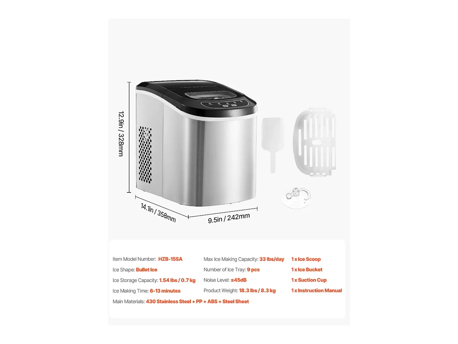 Máquina de Hielo de Sobremesa SucceBuy, 15 kg/24 h, 9 Cubitos en 6 min, Autolimpiante, Pala/Cesta, Bar/Oficina/Cocina/Hogar
