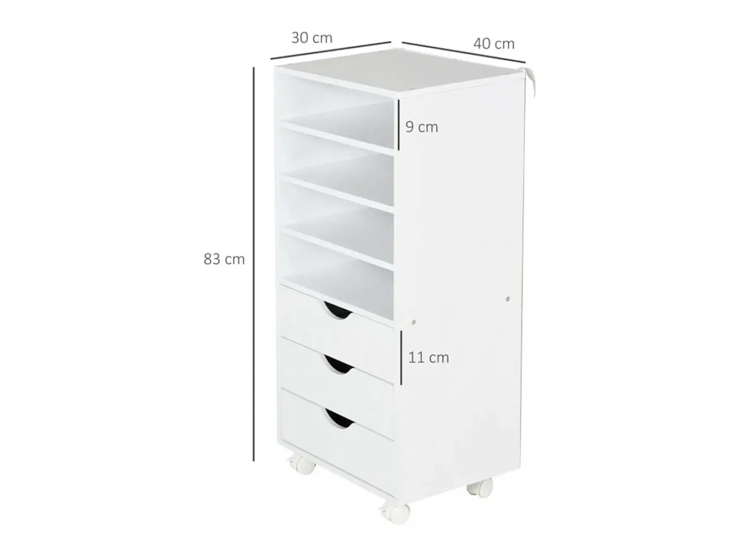 Mueble auxiliar Vinsetto 3 cajones + 4 estantes + ruedas blanco 83x40x30 cm
