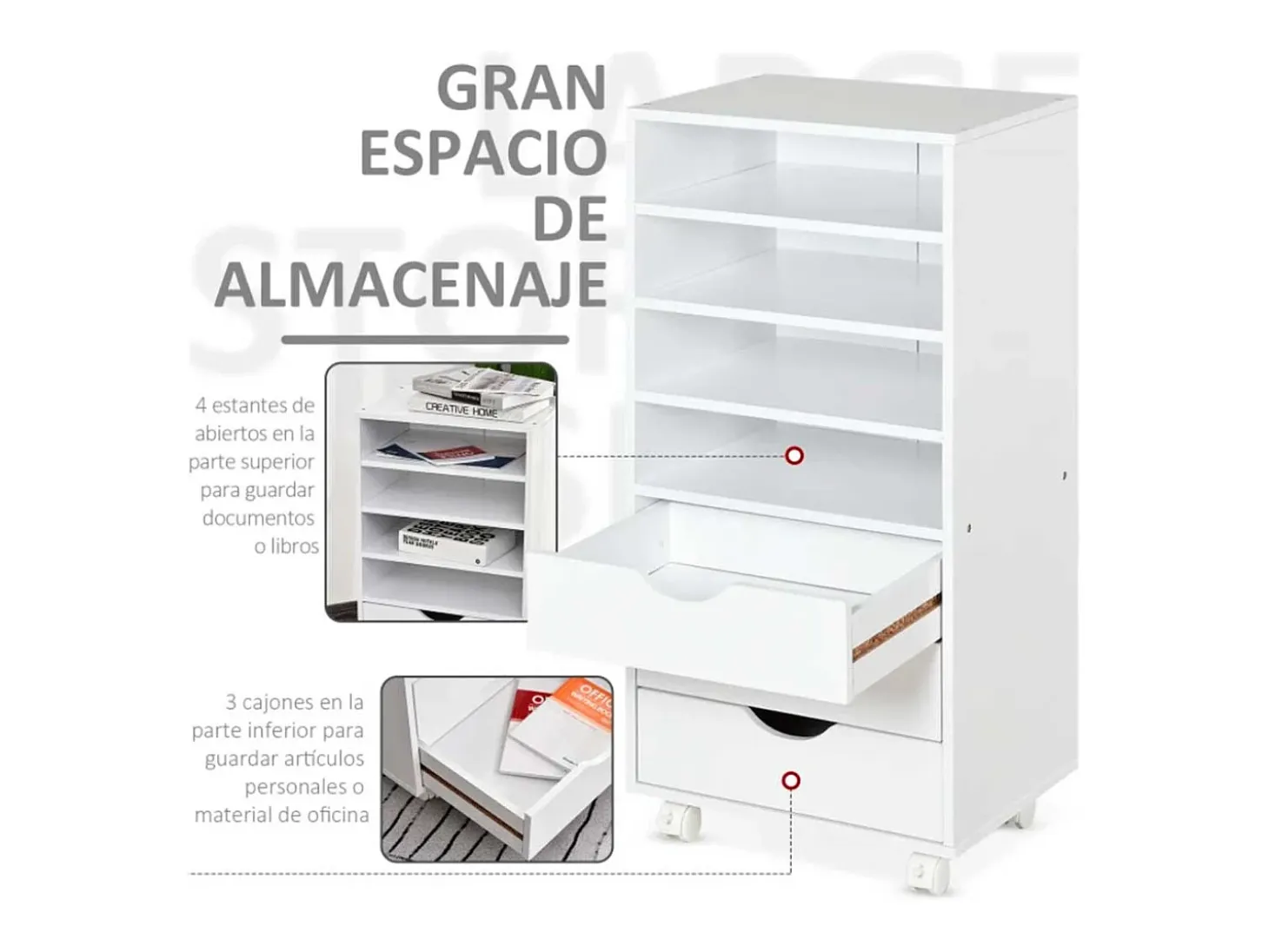 Mueble auxiliar Vinsetto 3 cajones + 4 estantes + ruedas blanco 83x40x30 cm