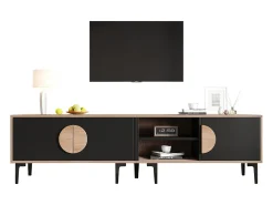 Mueble bajo para TV de salón - 180 x 35 x 49 cm - con 3 puertas + estantes abiertos - para TV de 80 pulgadas - tablero de partículas - negro