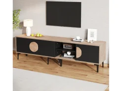 Mueble bajo para TV de salón - 180 x 35 x 49 cm - con 3 puertas + estantes abiertos - para TV de 80 pulgadas - tablero de partículas - negro
