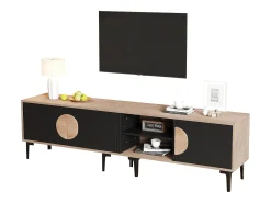 Mueble bajo para TV de salón - 180 x 35 x 49 cm - con 3 puertas + estantes abiertos - para TV de 80 pulgadas - tablero de partículas - negro