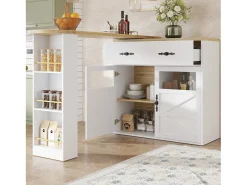 Mueble bar extensible - 138-204 x 39 x 104 cm - Mesa de comedor giratoria 360° - con 2 puertas + 1 cajón - MDF - blanco