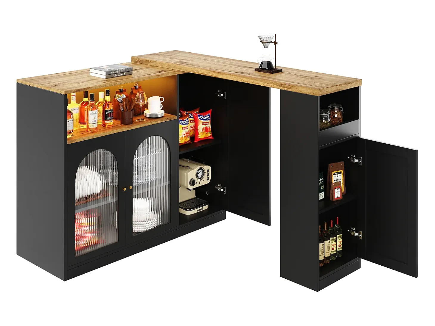 Mueble Bar Giratorio - 4 Puertas y Estantes de Almacenamiento - LEDs - Madera MDF - Negro y Natural