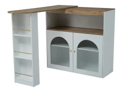 Mueble bar giratorio - 2 puertas, 3 estantes de almacenamiento y nicho - Tapa efecto madera MDF - LED - Natural y blanco