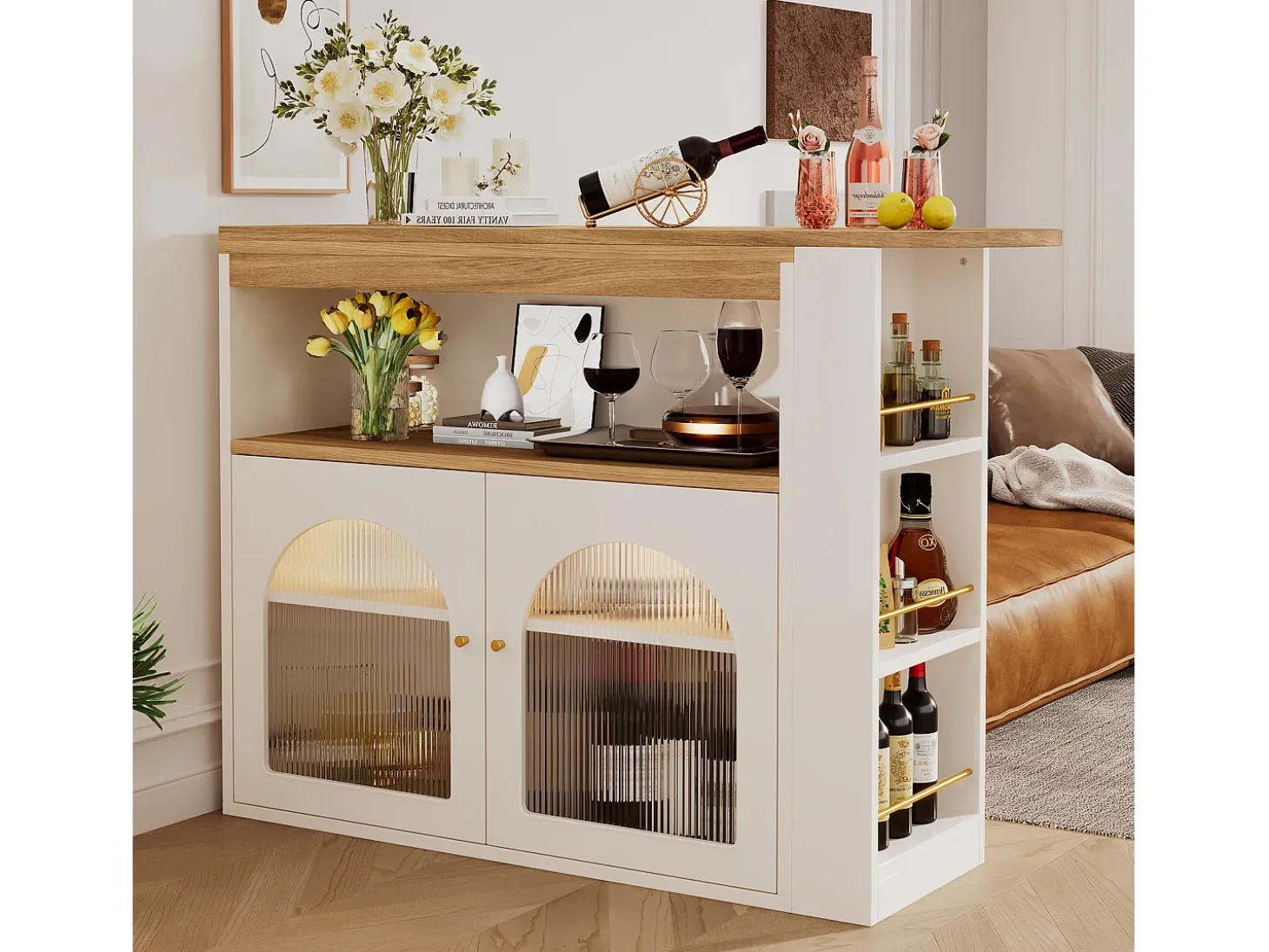 Mueble bar giratorio - 2 puertas, 3 estantes de almacenamiento y nicho - Tapa efecto madera MDF - LED - Natural y blanco